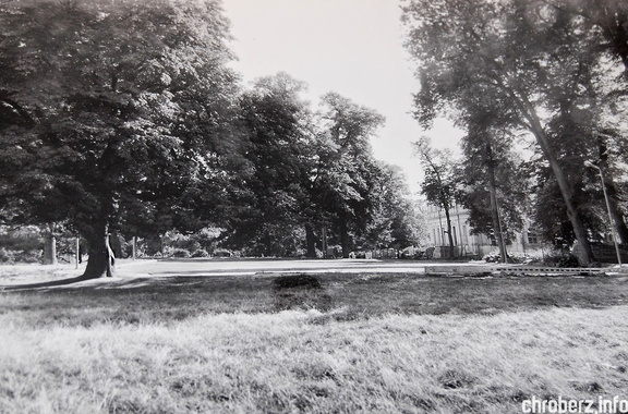 Widok na boisko asfaltowe przy pałacu Wielopolskich. 